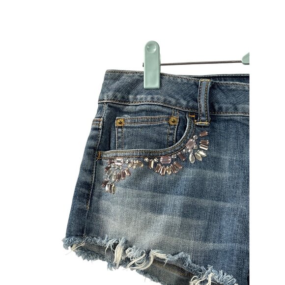American Eagle Outfitters Rhinestone Denim Booty Short 4 Stretch Raw Hem Cut Off - Picture 2 of 6